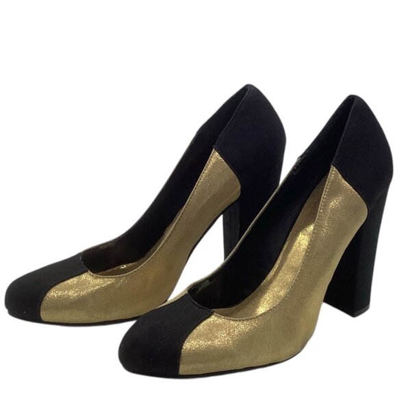 MICHAEL ANTONIO Color Block Gold Black Chunky Block Heels 7 Pumps Retro 80s 90s - Picture 1 of 7